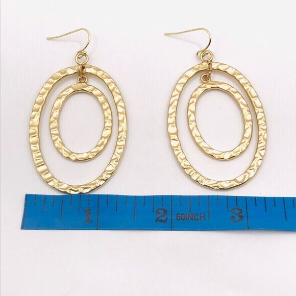 Matte Gold Hammered Oval Dangle Earrings - Picture 6 of 7